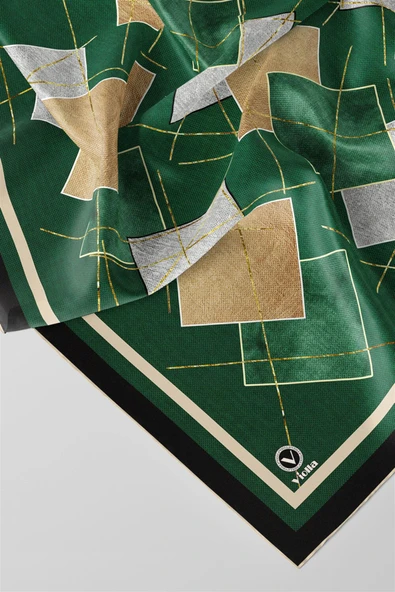Twill Geometrik Desenli Petrol Yeşili Renkli 90x90 Eşarp (İpek İçermez) Kenar Dikiş Şekli El Dikişli - Resim 4