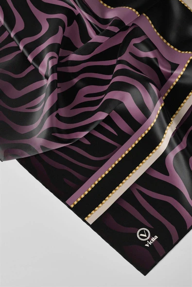 Twill Zebra Desenli Siyah - Lila Renkli 90x90 Eşarp (İpek İçermez) Dikim Şekli : El Dikişi - Resim 2