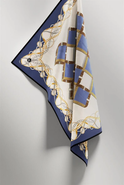 Twill Kemer Ve Zincir Desenli İndigo Renkli 90x90 Eşarp (İpek İçermez) Kenar Dikiş Şekli El Dikişli - Resim 4