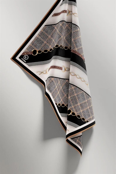Twill Kemer Desenli Siyah Renkli 90x90 Eşarp (İpek İçermez) Kenar Dikiş Şekli El Dikişli - Resim 5