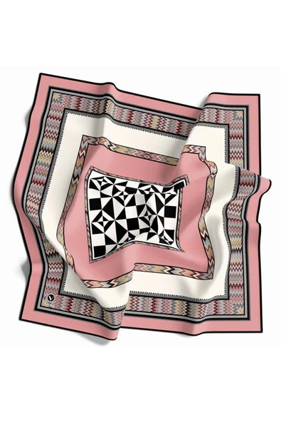 Kristal Geometrik Desenli Pudra - Krem Renkli 90x90 Dikim Şekli : El Dikişi Eşarp (İpek İçermez) ürün görseli