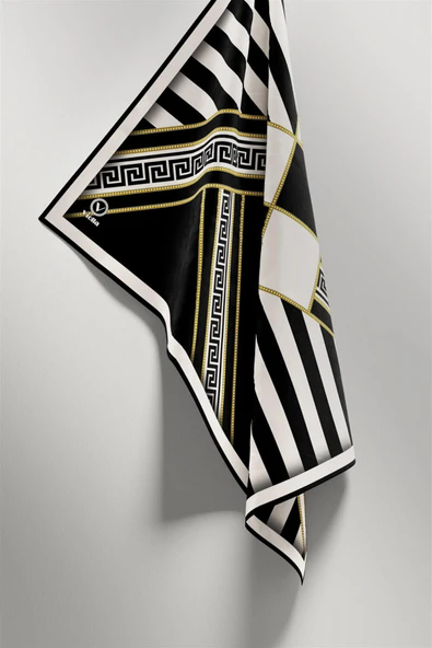 Twill Çizgili Geometrik Desenli Siyah Renkli 90x90 Eşarp (İpek İçermez) Kenar Dikiş Şekli El Dikişli - Resim 4