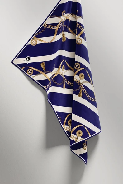 Twill Çizgili Kemer ve Zinci Desenli Krem Renkli 90x90 Eşarp (İpek İçermez) Kenar Dikiş Şekli El Dikişli - Resim 5