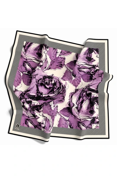 Twill Gül Yaprak Desenli Lila Renkli 90x90 Eşarp (İpek İçermez) Kenar Dikiş Şekli El Dikişli - Resim 2