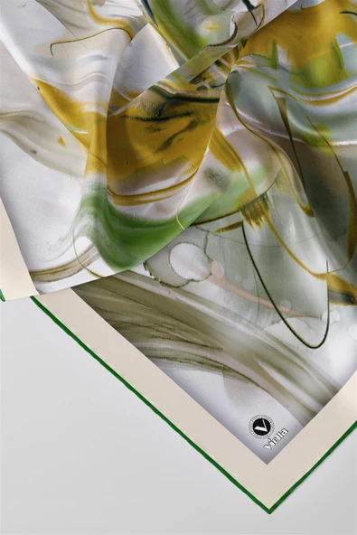 Twill Çiçek Tablo Desenli Zümrüt Yeşili Renkli 90x90 Eşarp (İpek İçermez) Kenar Dikiş Şekli El Dikişli - Resim 3