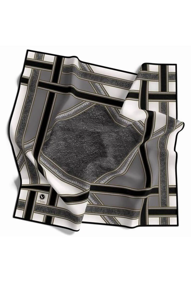 Twill Bordür Taş Desenli Gri Renkli 90x90 Eşarp (İpek İçermez) Kenar Dikiş Şekli El Dikişli - Resim 2