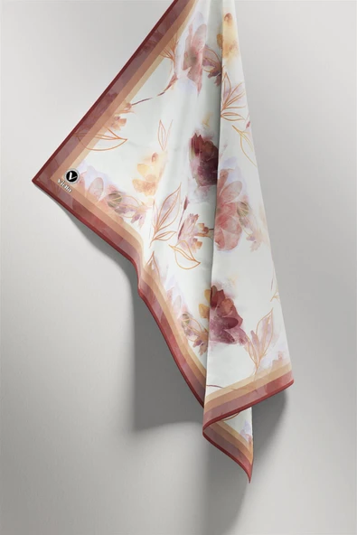 Twill Suluboya Çiçek Desenli Gül Kurusu Renkli 90x90 Eşarp (İpek İçermez) Kenar Dikiş Şekli El Dikişli - Resim 4