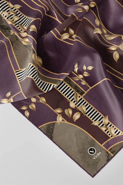 Twill Yapraklı Ve Geometrik Desenli Mürdüm Renkli 90x90 Eşarp (İpek İçermez) Kenar Dikiş Şekli El Dikişli - Resim 3