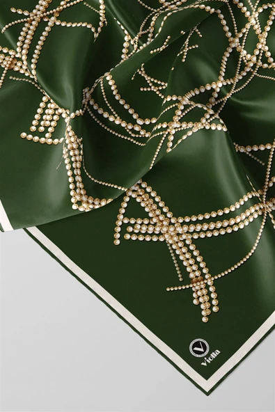 Twill Boncuk Desenli Zümrüt Yeşili Renkli 90x90 Eşarp (İpek İçermez) Kenar Dikiş Şekli El Dikişli - Resim 2