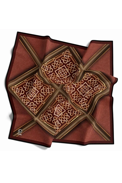 Twill Gold Çerçeveli Barok Desenli Taba Renkli 90x90 Eşarp (İpek İçermez) Kenar Dikiş Şekli El Dikişli - Resim 2