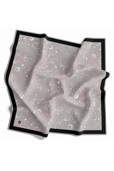 Twill Galaksi Desenli Gri Renkli 90x90 Eşarp (İpek İçermez) Kenar Dikiş Şekli El Dikişli - Resim 2