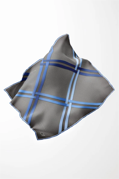 Twill Çizgili Pötikareli Çizgili Desenli İndigo Mavisi - Bebe Mavisi Renkli 90x90 Eşarp (İpek İçermez) - Resim 3