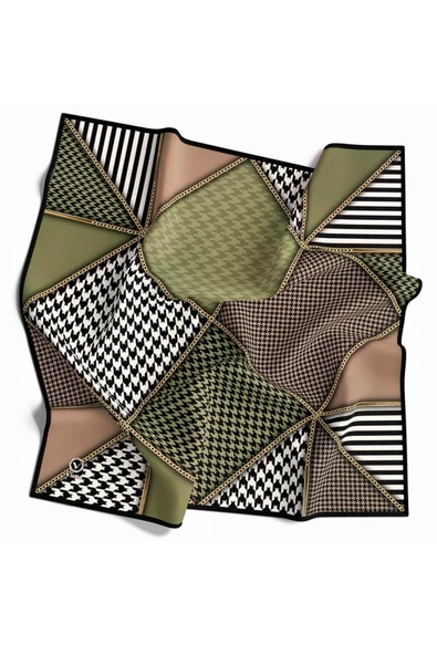 Twil Geometrik Ve Kazayak Desenli Haki Renkli 90x90 Eşarp (İpek İçermez) Dikim Şekli : El Dikişi - Resim 6