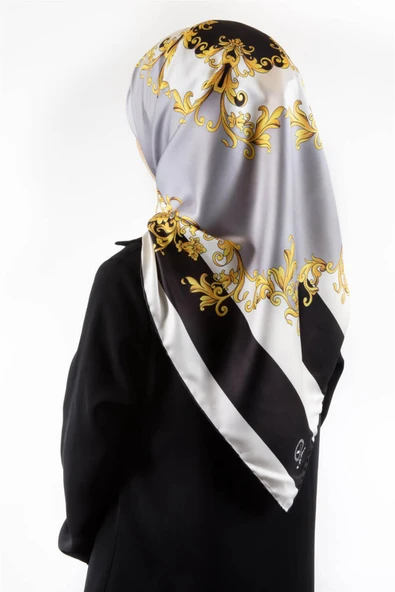 Twill Çizgili Barok Desenli Gümüş Renkli 90x90 Eşarp (İpek İçermez) Kenar Dikiş Şekli El Dikişli ürün görseli