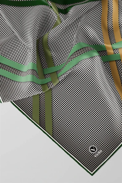 Twill Çizgili Pötikareli Çizgili Desenli Zümrüt Yeşili - Haki Yeşili Renkli 90x90 Eşarp (İpek İçermez) - Resim 3
