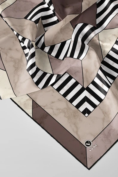 Twill Çizgili Geometrik Mermer Desenli Taş Renkli 90x90 Eşarp (İpek İçermez) Kenar Dikiş Şekli El Dikişli - Resim 2