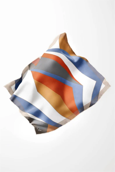 Twill Geometrik Desenli Taba - İndigo Renkli 90x90 Eşarp (İpek İçermez) Dikim Şekli : El Dikişi - Resim 3