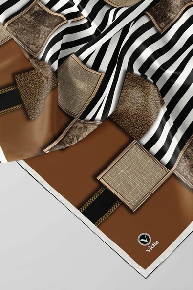 Twill Geometrik Ve Çizgili Desenli Taba Renkli 90x90 Eşarp (İpek İçermez) Dikim Şekli : El Dikişi - Resim 3