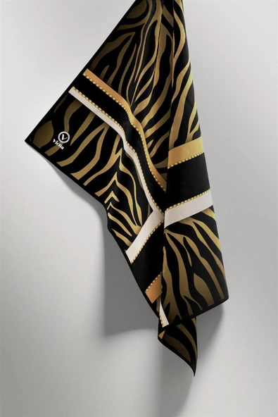 Twill Zebra Desenli Siyah - Gold Renkli 90x90 Eşarp (İpek İçermez) Dikim Şekli : El Dikişi - Resim 4