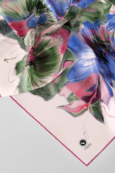 Twill Çiçek Desenli Pembe - Saks Renkli 90x90 Eşarp (İpek İçermez) Kenar Dikiş Şekli El Dikişli - Resim 2