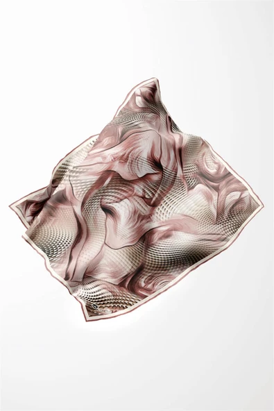 Twill Geometrik Ve Dalga Desenli Pudra Renkli 90x90 Eşarp (İpek İçermez) Dikim Şekli : El Dikişi - Resim 3