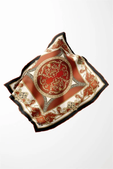 Twill Barok Desenli Taba Renkli 90x90 Eşarp (İpek İçermez) Kenar Dikiş Şekli El Dikişli - Resim 2