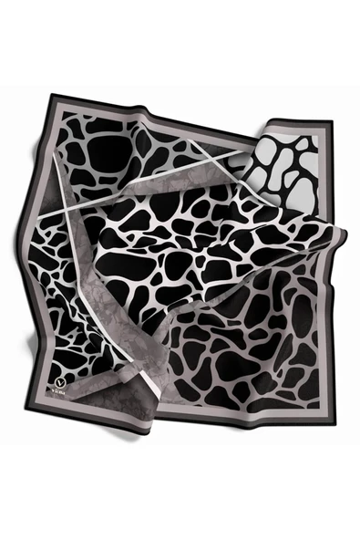 Twill Taş Desenli Gri Renkli 90x90 Eşarp (İpek İçermez)Kenar Dikiş Şekli El Dikişli - Resim 2