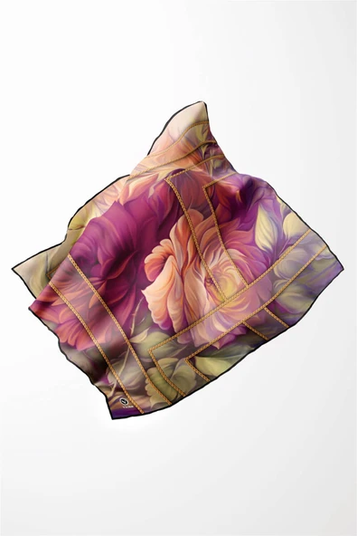 Twill Gül Desenli Fuşya - Somon Renkli 90x90 Eşarp (İpek İçermez) Kenar Dikiş Şekli El Dikişli - Resim 3