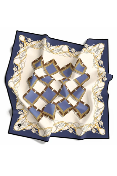 Twill Kemer Ve Zincir Desenli İndigo Renkli 90x90 Eşarp (İpek İçermez) Kenar Dikiş Şekli El Dikişli ürün görseli