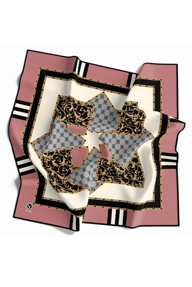 Kristal Ekoseli Gold Desenli Pudra - Gri Renkli 90x90 Eşarp (İpek İçermez) Kenar Dikiş Şekli El Dikişli ürün görseli