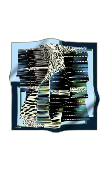 %100 Twill İpek Geometrik Desenli Petrol Mavisi - İndigo Renkli 90x90 Eşarp Dikim Şekli : El Dikişi - Resim 2