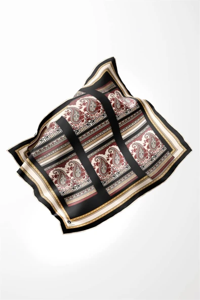 Twill Şal Desenli Siyah Renkli 90x90 Eşarp (İpek İçermez) Kenar Dikiş Şekli El Dikişli - Resim 4