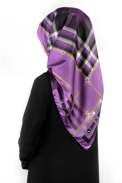 Twill Kemerli ve Ekose Desenli Lila Renkli 90x90 Eşarp (İpek İçermez)Kenar Dikiş Şekli El Dikişli ürün görseli 1