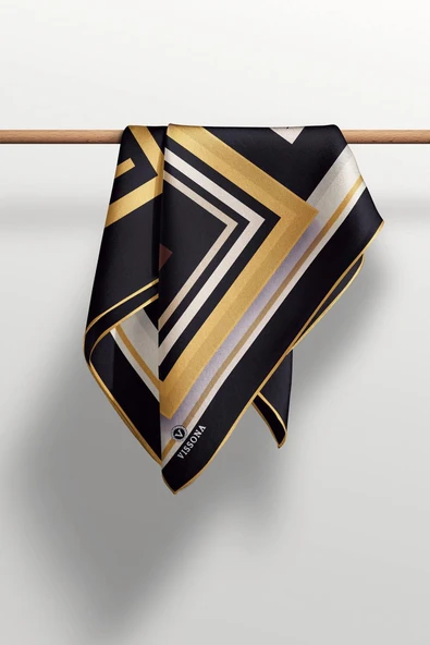 %100 Twill İpek Kare Desenli Siyah - Gold Renkli 90x90 Eşarp Kenar Dikiş Şekli El Dikişli - Resim 5