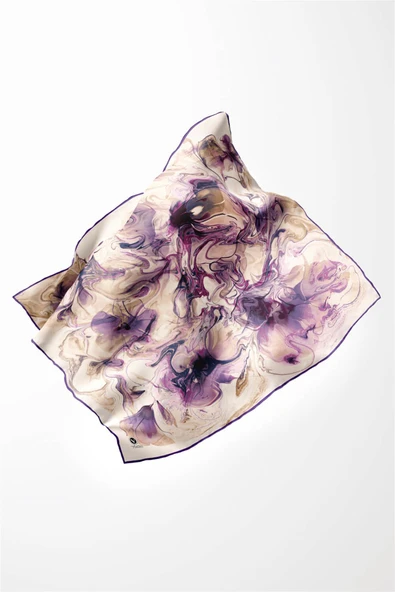 Twill Soyut Desenli Mor Renkli 90x90 Eşarp (İpek İçermez) Kenar Dikiş Şekli El Dikişli - Resim 3
