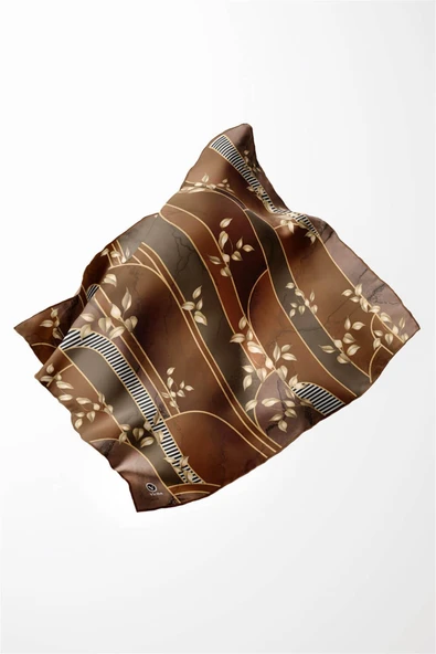 Twill Yapraklı Ve Geometrik Desenli Taba Renkli 90x90 Eşarp (İpek İçermez) Kenar Dikiş Şekli El Dikişli - Resim 4