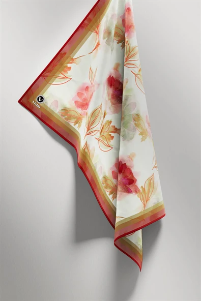 Twill Suluboya Çiçek Desenli Bordo Renkli 90x90 Eşarp (İpek İçermez) Kenar Dikiş Şekli El Dikişli - Resim 4