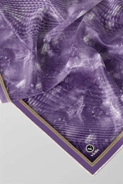 Twill Batik Desenli Mor Renkli 90x90 Eşarp (İpek İçermez) Kenar Dikiş Şekli El Dikişli - Resim 2