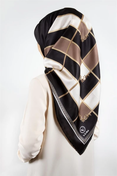 Twill Gold Detaylı Kareli Desenli Vizon Renkli 90x90 Eşarp (İpek İçermez) Kenar Dikiş Şekli El Dikişli ürün görseli 1