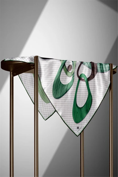 100% Twill Geometrik Halka Desenli Zümrüt Yeşili - Kahverengi  Renkli 90x90 Dikim Şekli : El Dikişi Eşarp - Resim 3