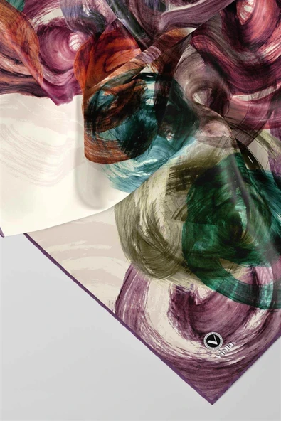 Twill Fırça Efektli Desenli Lila Renkli 90x90 Eşarp (İpek İçermez) Kenar Dikiş Şekli El Dikişli - Resim 3