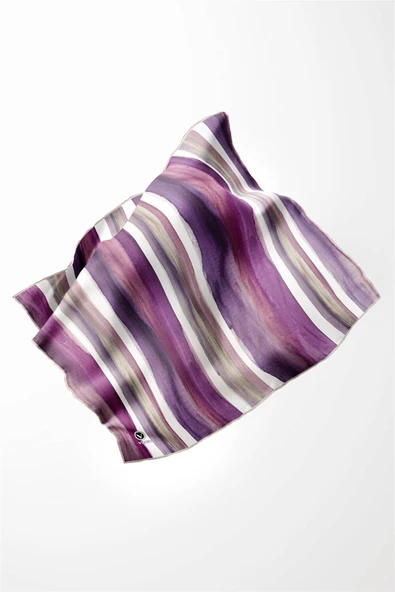 Twill Suluboya Çizgi Desenli Mürdüm - Mor Renkli 90x90 Eşarp (İpek İçermez) Kenar Dikiş Şekli El Dikişli - Resim 2