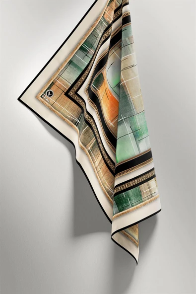 Twill Gold Çerçeveli ve Fırça Desenli Petrol Yeşili Renkli 90x90 Eşarp (İpek İçermez) Dikim Şekli : El Dikişi - Resim 5