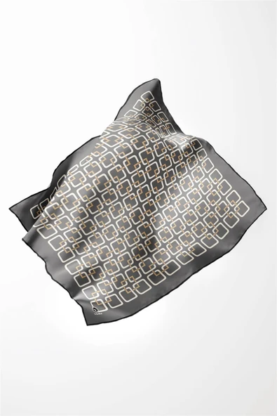Twill Geometrik Desenli Gri Renkli 90x90 Eşarp (İpek İçermez) Kenar Dikiş Şekli El Dikişli - Resim 3