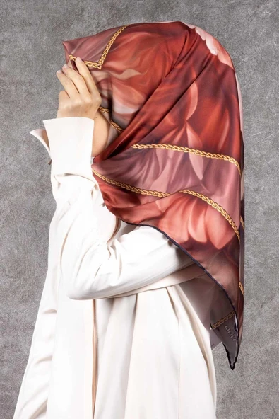 Twill Gül Desenli Somon - Mint Yeşili Renkli 90x90 Eşarp (İpek İçermez) Kenar Dikiş Şekli El Dikişli ürün görseli