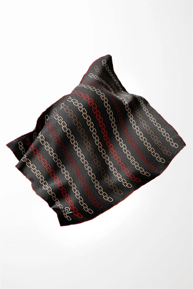 Twill Zincir Desenli Siyah - Bordo Renkli 90x90 Eşarp (İpek İçermez) Kenar Dikiş Şekli El Dikişli - Resim 3