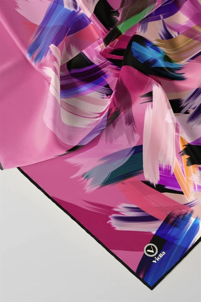 Twill Fırça Desenli Pembe Renkli 90x90 Eşarp (İpek İçermez) Kenar Dikiş Şekli El Dikişli - Resim 2