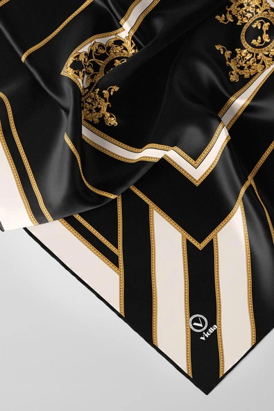 Twill Barok Desenli Siyah Renkli 90x90 Eşarp (İpek İçermez) Dikim Şekli : El Dikişi ürün görseli