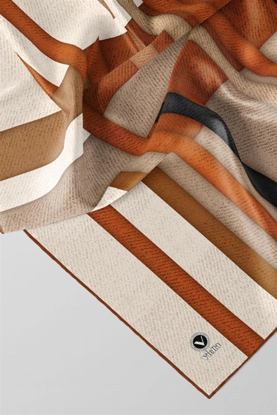 Twill Renkli Şerit Desenli Taba Renkli 90x90 Eşarp (İpek İçermez) Kenar Dikiş Şekli El Dikişli - Resim 2