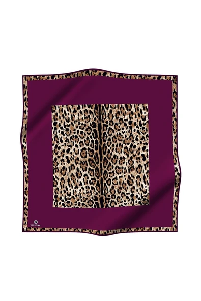 %100 Twill İpek Leopar Desenli Mürdüm Renkli 90x90 Eşarp Dikim Şekli : El Dikişi - Resim 2